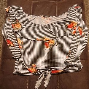 𝅺ARABELLA women's off the shoulder floral black and white striped tie bottom